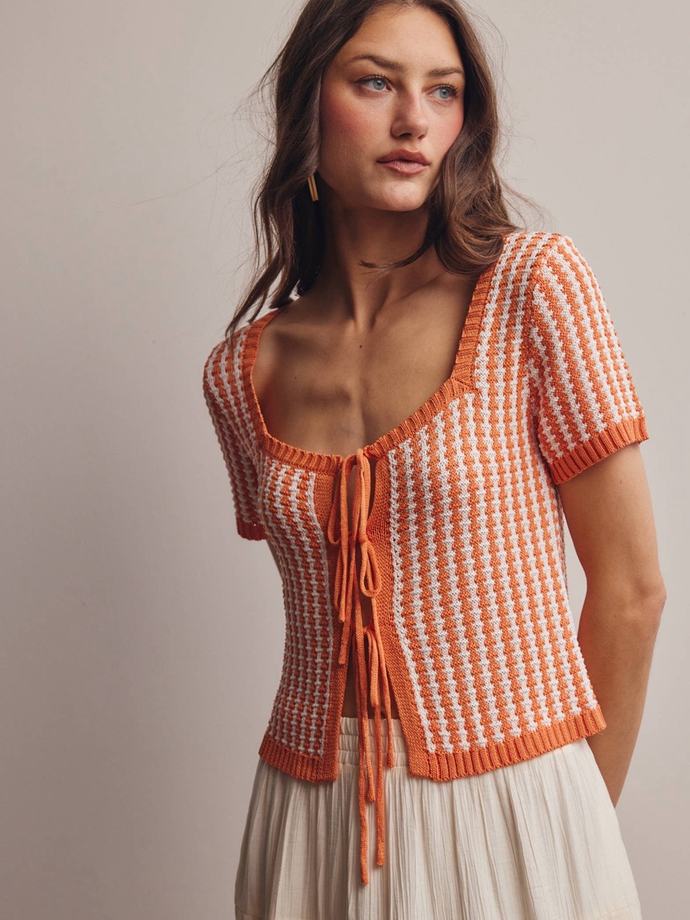 Forte Orange & Cream Knit Tie-Front Cropped Short-Sleeve Sweater Size 10-12 NWT